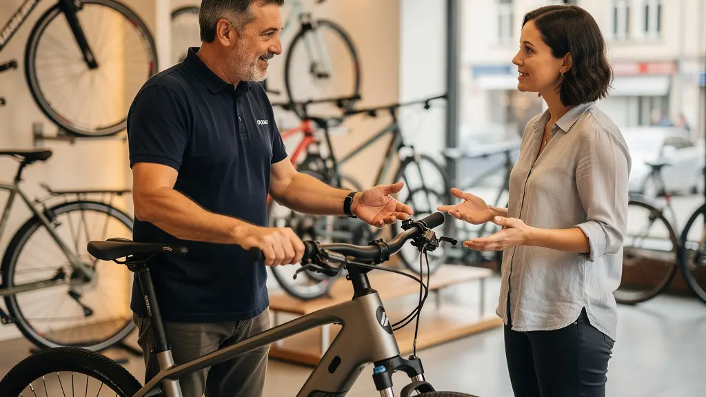 Conseiller en boutique vélo spécialisée présentant un VAE à un client