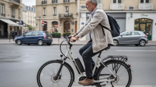 Cycliste urbain pédalant sur vélo électrique moderne dans une rue française