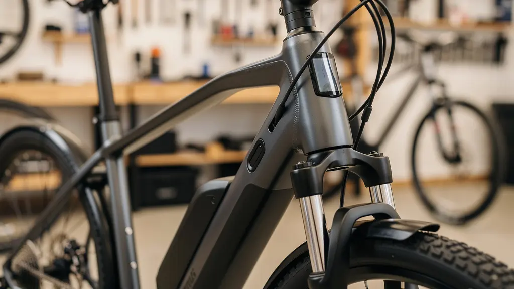 Détail d'un cadre de vélo électrique premium avec batterie intégrée et écran LCD